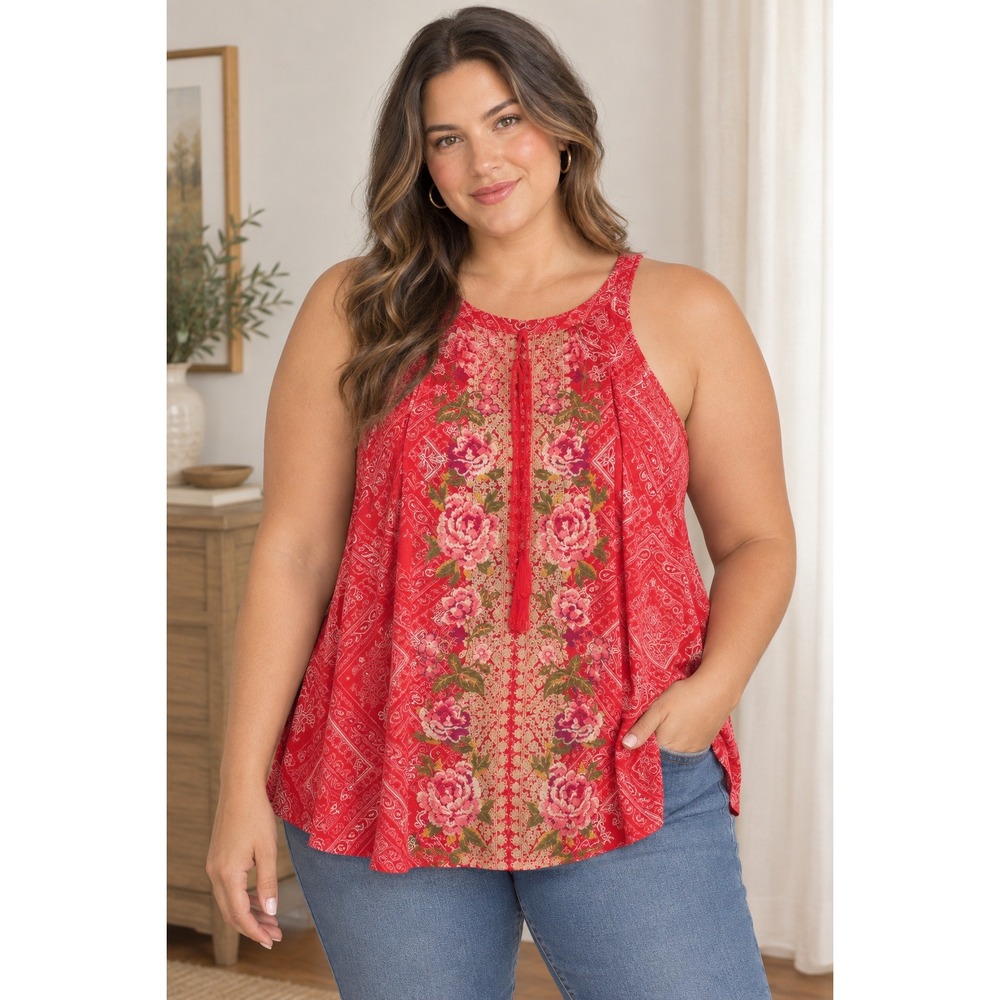 Savanna Jane NWT floral embroidered A-line tank top Size 2X tassel cottagecore